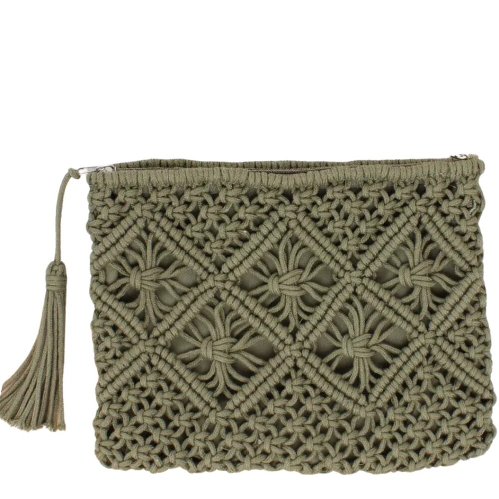 Wanderlust Weave and Tassel Clutch Chic Summer Bag, olive green